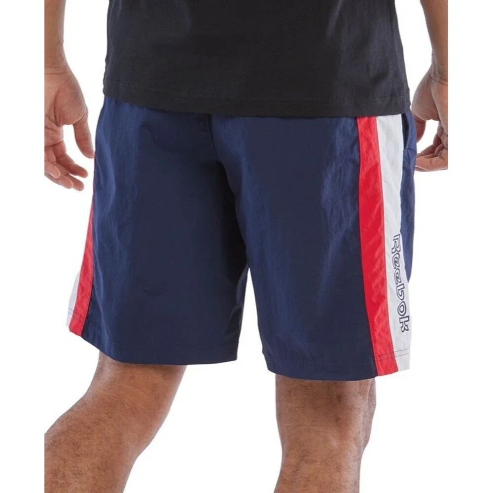 Reebok Men's Ivy League Regular-Fit Color blocked Crinkled Shorts Navy Red 2XL